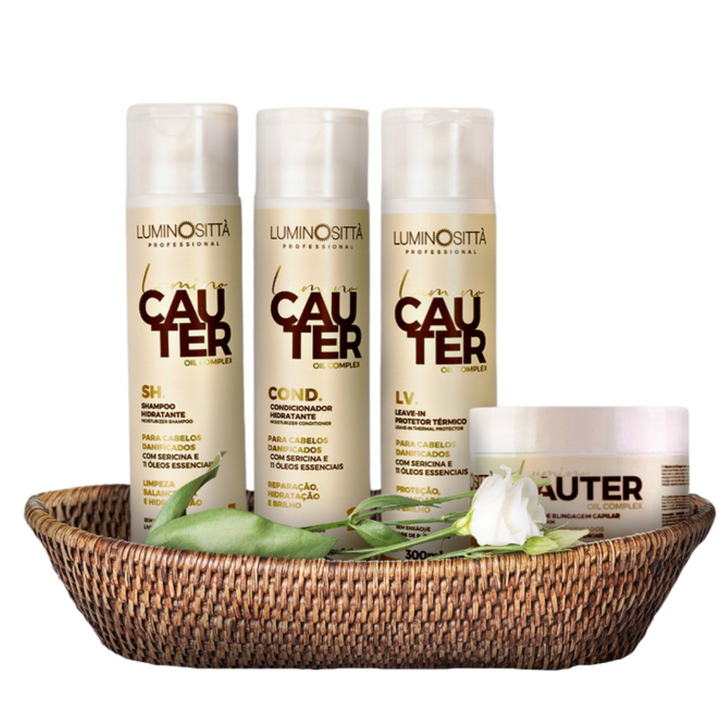 Kit Lumino Cauter 4 Passos: Reconstrução Profunda com Sericina e Óleos Essenciais para Cabelos Danificados