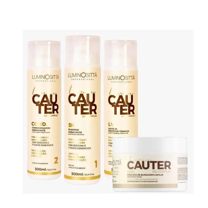 Kit Lumino Cauter 4 Passos: Reconstrução Profunda com Sericina e Óleos Essenciais para Cabelos Danificados